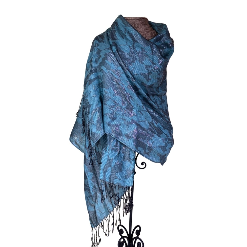 Teal Floral Metallic Scarf Wrap Shawl Evening Occasion Elegant Fringed‎